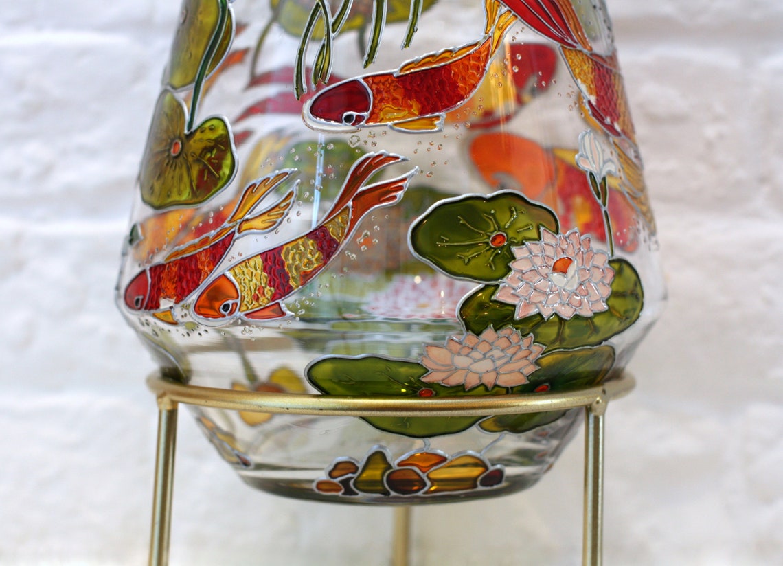 Carp Koi Round Glass Vase on a Stand Original Shape Hand Etsy
