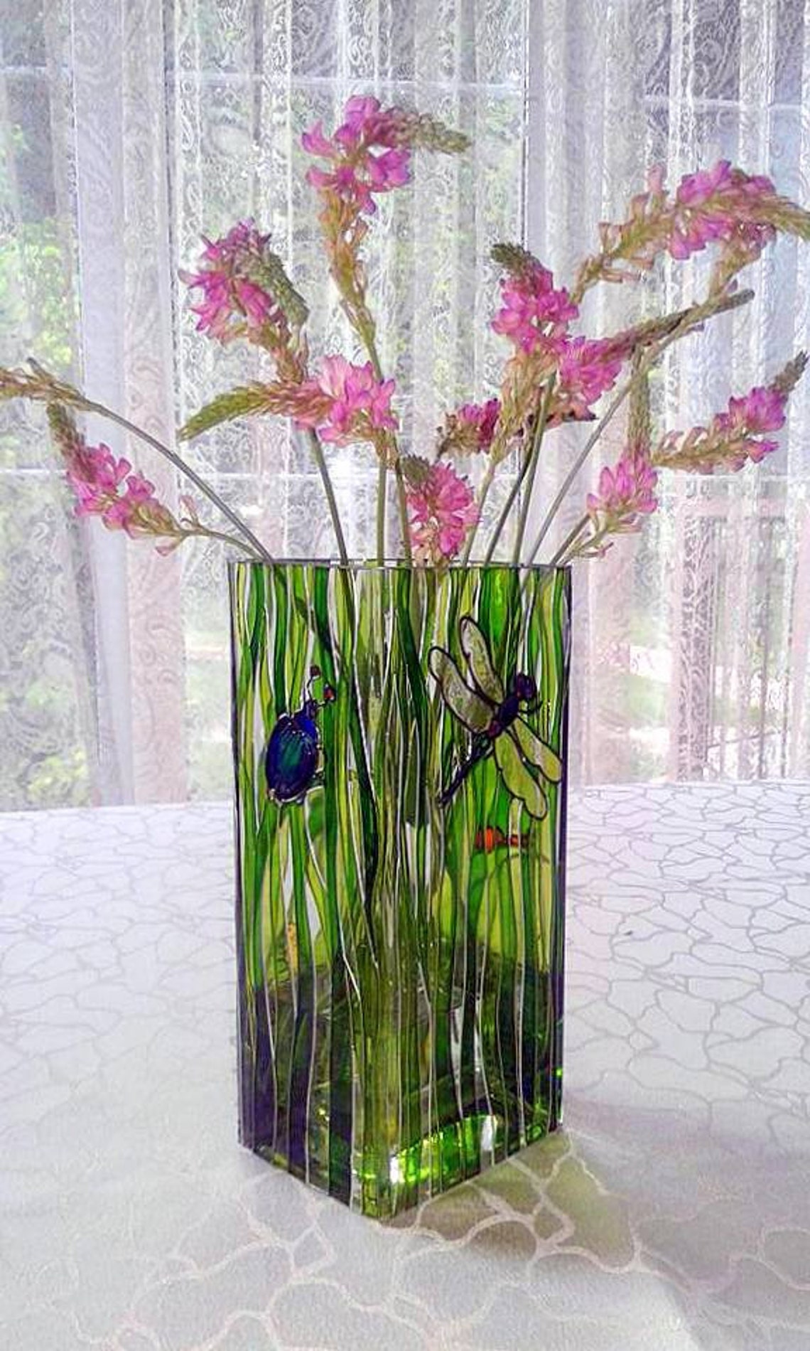 Hand Painted Flowers vase Green glass vase Square stain Etsy