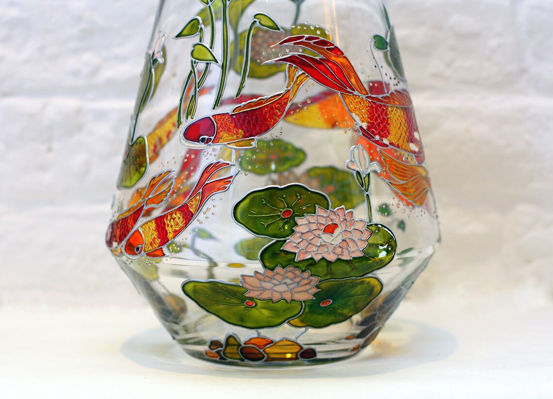 Carp Koi Round Glass Vase on a Stand Original Shape Hand Etsy