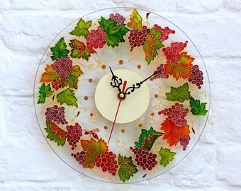 Round Glass Clock with Ripe Grapes and Autumn Leaves in Mediterranean style, Handpainted Kitchen Wall Clock, Large Decorative Silent Clock
