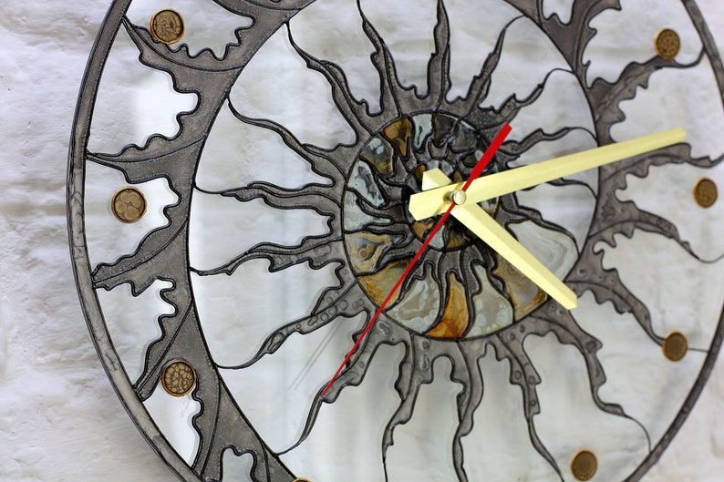 Modern stain glass clock Skeleton wall clock Hand paint glass clock Fossil Ammonite decor Designer loft clock Kitchen glass clock image 3