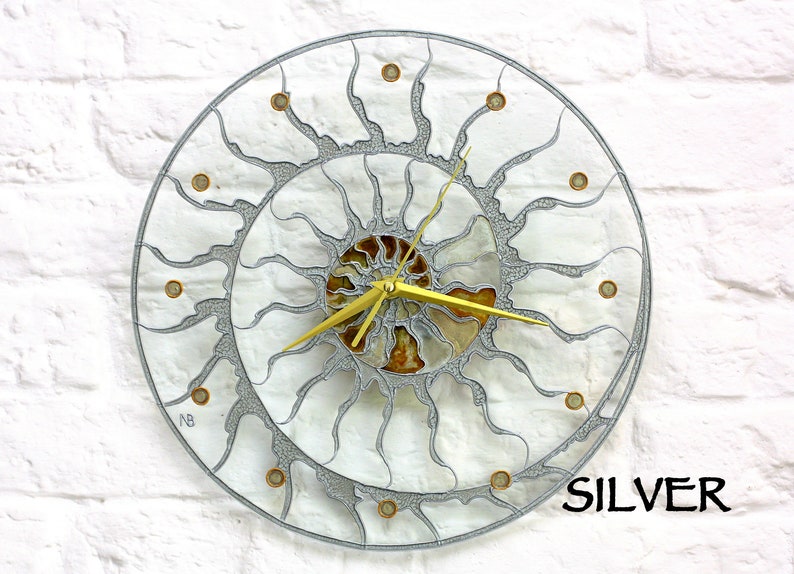 Modern stain glass clock Skeleton wall clock Hand paint glass clock Fossil Ammonite decor Designer loft clock Kitchen glass clock image 7