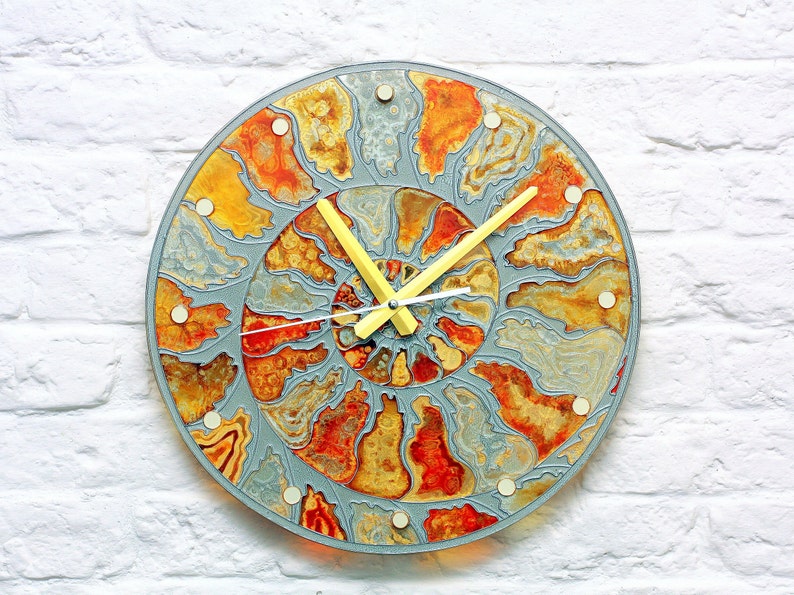Modern Amber Ammonite Stained Glass Wall Clock Hand Painted Etsy