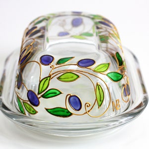Hand Painted Butter Dish-Stain Glass Covered Butter holder-Kitchen Container w Olives Wreath-Greek Style Tray With Lid-Mediterranean-Rustic
