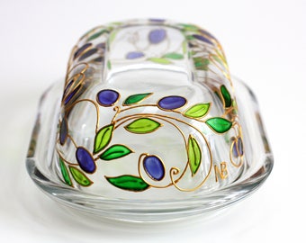 Hand Painted Butter Dish-Stain Glass Covered Butter holder-Kitchen Container w Olives Wreath-Greek Style Tray With Lid-Mediterranean-Rustic