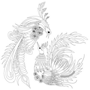 Coloriages à téléchargement immédiat dans un style traditionnel ukrainien, Coloriages d'art décoratif Petrykivka, Coloriage phénix, oiseau printanier