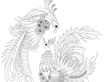 Instant download coloring pages in Ukrainian traditional style, Petrykivka decorative art coloring pages, Phoenix coloring, spring bird