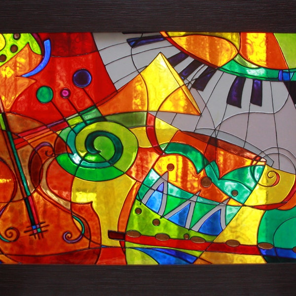 Abstract painting on glass - Original stain glass panel - Piano music cubist art - Musical instruments painting - Modern Jazz home decor