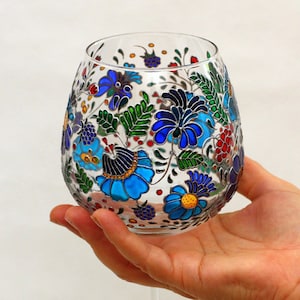 Hand Painted Red Wine Glass, Large Blue Floral Wedding Goblet, Set of Wine Glasses w Flowers, Couple Gift, Romantic Personalized Present