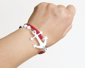 Red cuff bracelet, marine red leather bracelet, braided leather, white jade blue freshwater pearls, anchor charm, womens bracelet