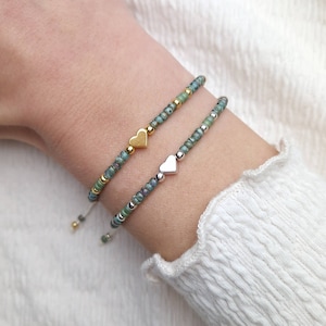 Filigree pearl bracelet with heart made of Miyuki beads green gold - friendship bracelet gift for women macrame bracelet minimalist
