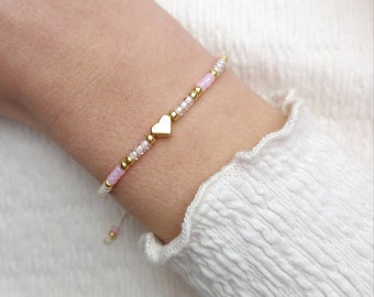 Filigranes Perlenarmband aus Miyuki Glasperlen Gold Rosa Herz Perle - Armband Freundin Makrameearmband minimalistisch Geschenk für Frauen