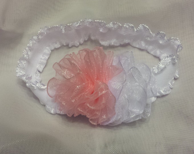 Newborn Baby Girls Preemie Soft Pink and White Sheer Headband