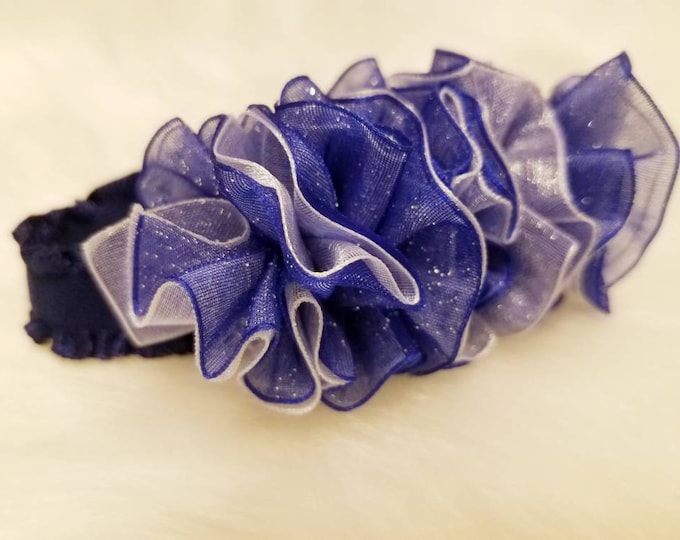 Newborn Baby Girls Preemie Navy Blue Sparkling and White Sheer Headband