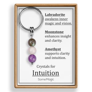 May include: A keychain with three gemstone beads: labradorite, moonstone, and amethyst. The keychain is attached to a card in a wooden frame. The card reads "Crystals for Intuition" and lists the properties of each stone.