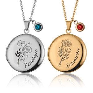 Collier médaillon fleur de naissance avec photos et pierre de naissance, bijoux gravés personnalisés, cadeau fête des mères pour maman, cadeau commémoratif personnalisé image 9