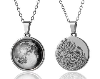 Collier phases de lune avec empreinte digitale réelle, phases de lune de naissance personnalisées par date, cadeau d'anniversaire personnalisé gravé pour elle, cadeau commémoratif