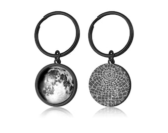 Star Map and Moon Phase by Date and Place Keychain, Two Sided Custom Keyring, Personalized Anniversary or Birthday Gift for Him, S-007