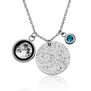 Phases de lune avec carte des étoiles et collier de pierres de naissance, Phases de lune de naissance personnalisées, carte des étoiles par date, cadeau bijoux d'anniversaire personnalisés, KP.7