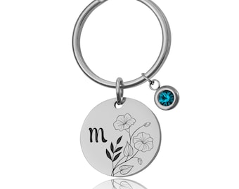 Llavero con flor y piedra de nacimiento con inicial, llavero grabado personalizado, regalo del Día de la Madre para mamá, regalo personalizado para hija, S-259