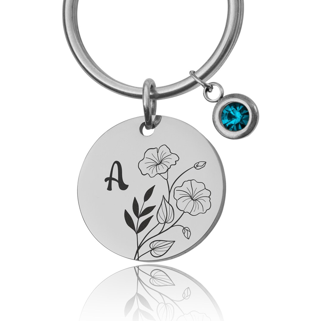 Birth Flower and Birthstone Keyring With Initial , Custom Engraved ...