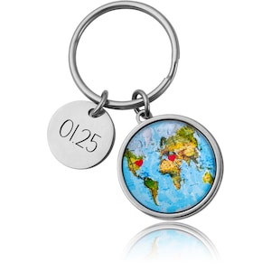 Landkarte Schlüsselanhänger mit Herzen - Personalisiertes Fernbeziehungsgeschenk für Freund, Freundin, beste Freundin, individueller Schlüsselring mit Gravur, C.1