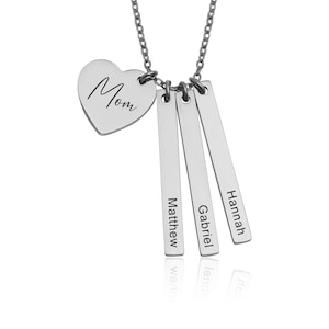 Personalized Kids Name Necklace for Mom - Custom Heart and Vertical Bar Necklace with Multiple Name Pendants - Gift for Her, for Women, KP.2
