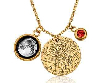 Fase lunar personalizada con mapa estelar único y collar de piedra de nacimiento, fase lunar de nacimiento, mapa de estrellas por fecha, regalo de cumpleaños personalizado grabado