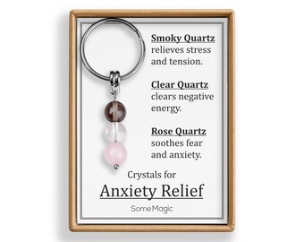 Anxiety Relief Gemstone Keychain - Calming Crystal Set Keyring with Smoky Quartz, Clear Quartz & Rose Quartz, Stone Meaning Card, S-234