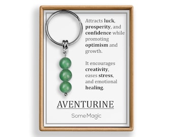 Chaveiro de Aventurina - Autêntico Chaveiro de Cristal Mineral Verde com Cartão Explicativo e Caixa de Presente, Presente da Sorte e Prosperidade, S-235
