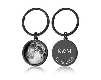Moon Phase by Date Keychain for Boyfriend or Girlfriend, Custom Keyring for Him, Personalized Birthday or Anniversary Gift for Men, S-004
