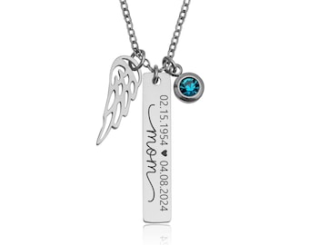 Loss of Mom Personalized Monogram Necklace with Angel Wing & Birthstone, Loss of Mother Memorial Jewelry, Sympathy Grief Gift, S-050