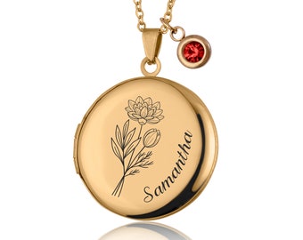 Birth Flower Locket Necklace With Photos And Birthstone, Custom Engraved Jewelry, Mothers Day Gift For Mom, Personalized Memorial Gift