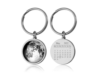 Moon Phase by Date Keychain with Calendar, Custom Birth Moon Phase Keyring, Personalized Anniversary Birthday Gift for Him, Boyfriend, S-084