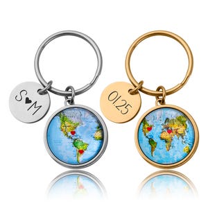 Personalisierte Landkarte Schlüsselanhänger mit Herzen - Personalisierte Fern Beziehung Geschenk für Freund, Freundin, beste Freundin, Schlüsselanhänger mit Gravur, C.1