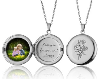 Medallón de flores de nacimiento con fotos, regalo del día de las madres para mamá, regalo para hija, collar de medallón grabado personalizado, regalo conmemorativo personalizado