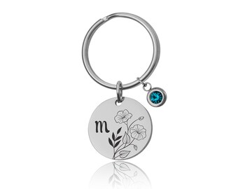 Birth Flower and Birthstone Keyring with Initial, Custom Engraved Keychain, Mothers Day Gift for Mom, Personalized Daughter Gift, S-259