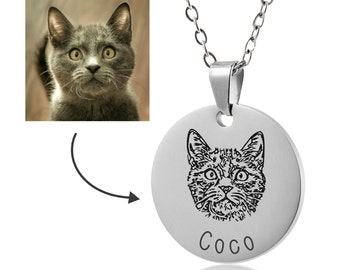 Personalized Pet Jewelry for Cat Mom - Engraved Pet Portrait from Photo - Custom Pet Portrait - Cat Portrait Necklace - Pet Memorial Jewelry