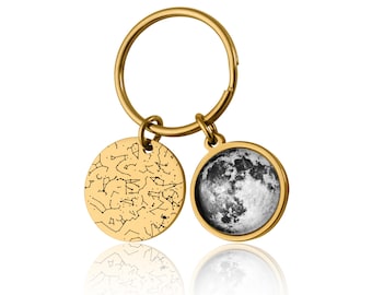 Custom Moon Phase And Unique Star Map Keychain, Custom Birth Moon Phase Keyring, Personalized Anniversary Gift Idea For Her Him Men Women