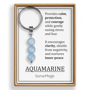 Llavero de aguamarina - Auténtico llavero de cristal mineral azul con tarjeta explicativa, regalo de paz y coraje, S-235