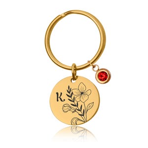 Birthstone and Birth Flower Keychain with Initial , Custom Engraved Keyring, Mothers Day Gift for Mom, Personalized Gift for Daughter, S-259