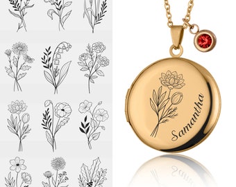 Collana con medaglione personalizzato con foto, fiore di nascita e pietra portafortuna, gioielli incisi, regalo per la festa della mamma per la mamma, regalo commemorativo personalizzato