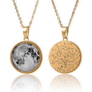Ketting maanfase en sterrenkaart, dubbelzijdige hanger, verjaardagscadeau voor vrouwen, gepersonaliseerd cadeau voor haar, 10e verjaardag sieraden, KP.7