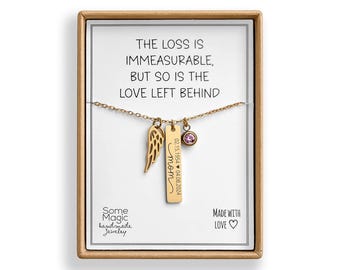 Loss of Mom Memorial Keepsake Necklace with Birth and Passing Dates, Angel Wing & Birthstone, Loss of Mother Daughter Grief Jewelry, S-050