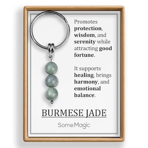 Puede incluir: Un llavero de jade birmano con tres cuentas de color verde claro. El llavero está unido a un anillo plateado y se muestra en una tarjeta blanca con el texto "Promueve la protección, la sabiduría y la serenidad mientras atrae la buena fortuna."