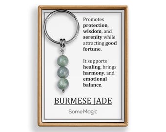 Burmese Jade Gemstone Keychain - Authentic Green Mineral Crystal Keyring with Meaning Card, Protection and Good Luck Gift, S-235