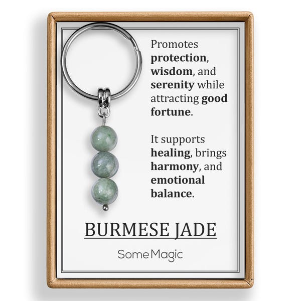 Chaveiro de Jade Birmanês - Autêntico Chaveiro de Cristal Mineral Verde com Cartão de Significado, Presente de Proteção e Boa Sorte, S-235