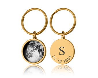 Moon Phase from Your Special Date, Lunar Keychain with Custom Engraved Back Side, Personalized Birthday Gift for Him or Her, S-004