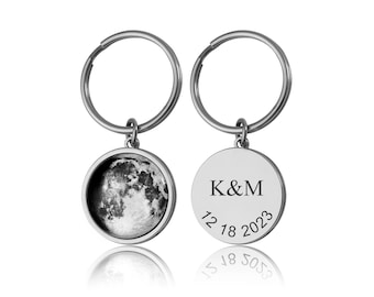 Moon Phase by Date Keychain for Boyfriend or Girlfriend, Custom Lunar Keyring, Personalized Anniversary Birthday Gift For Him or Her, S-004