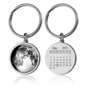 Moon Phase By Date Keychain With Calendar, Custom Birth Moon Phase Keyring, Personalized Anniversary Birthday Gift For Him, Boyfriend, C.1